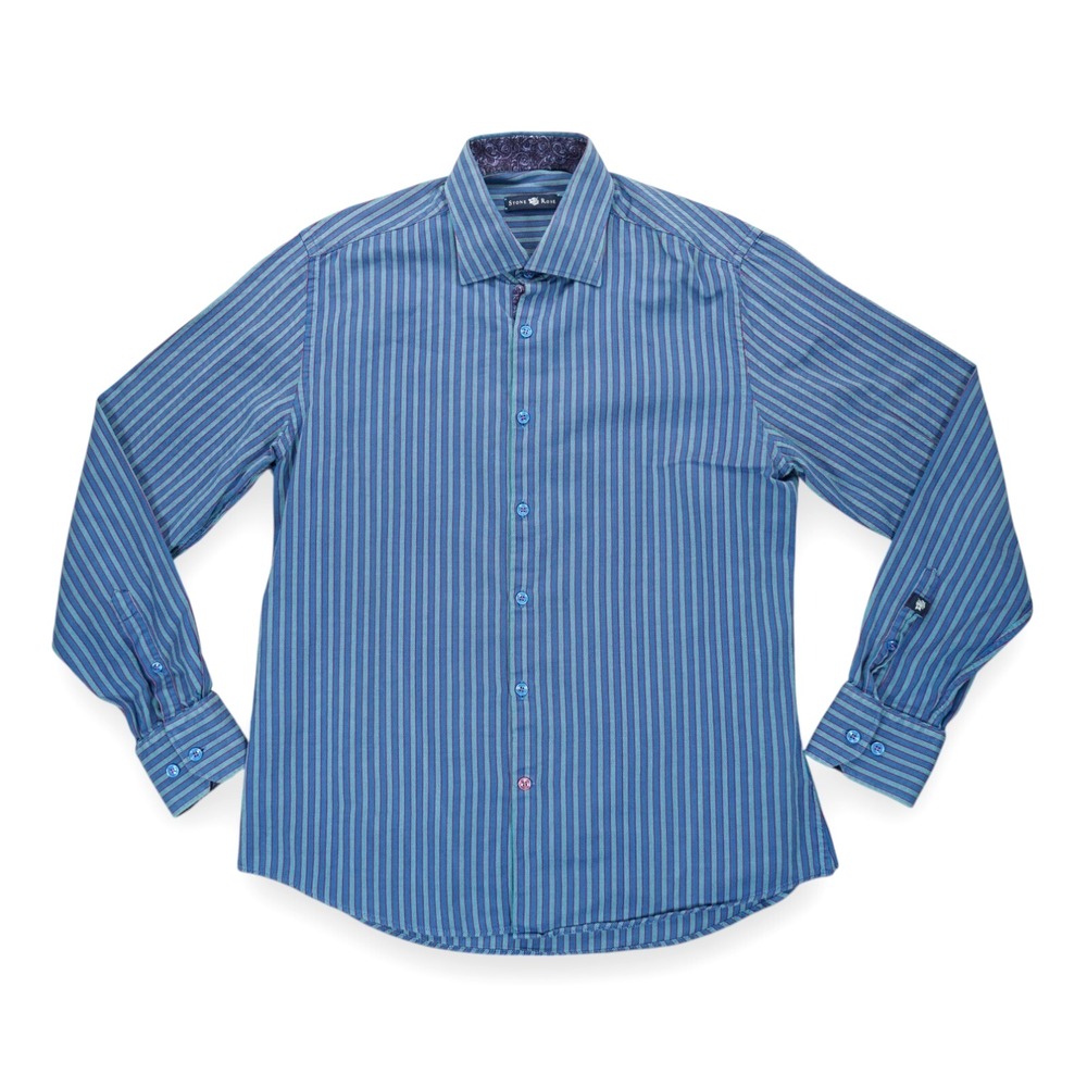 Stone Rose Button Up Dress Shirt Men's Size 4‎ Stretch Blue Striped Long Sleeve